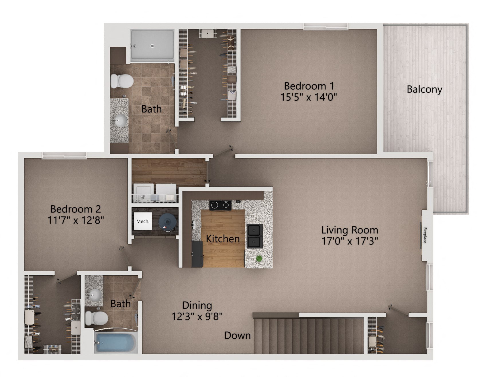 2 bedroom floor plan including a living room with a fireplace and a dining room